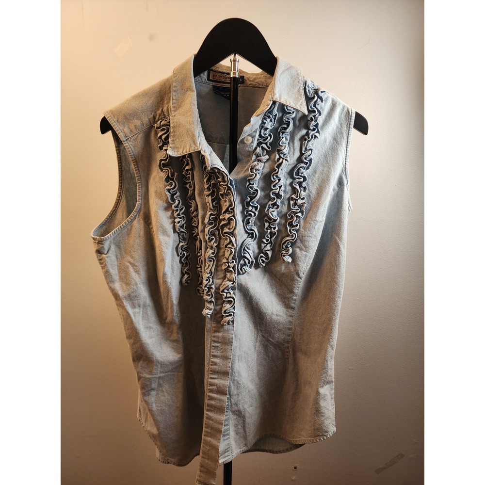 Ruff Hewn Womens Ruffle Front Sleeveless Denim Shirt Light‎ Wash Vintage Large